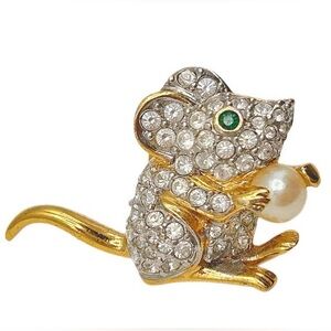 Vintage Signed Swarovski Gold Tone Rhinestone Pave Mouse and Pearl Petite Brooch